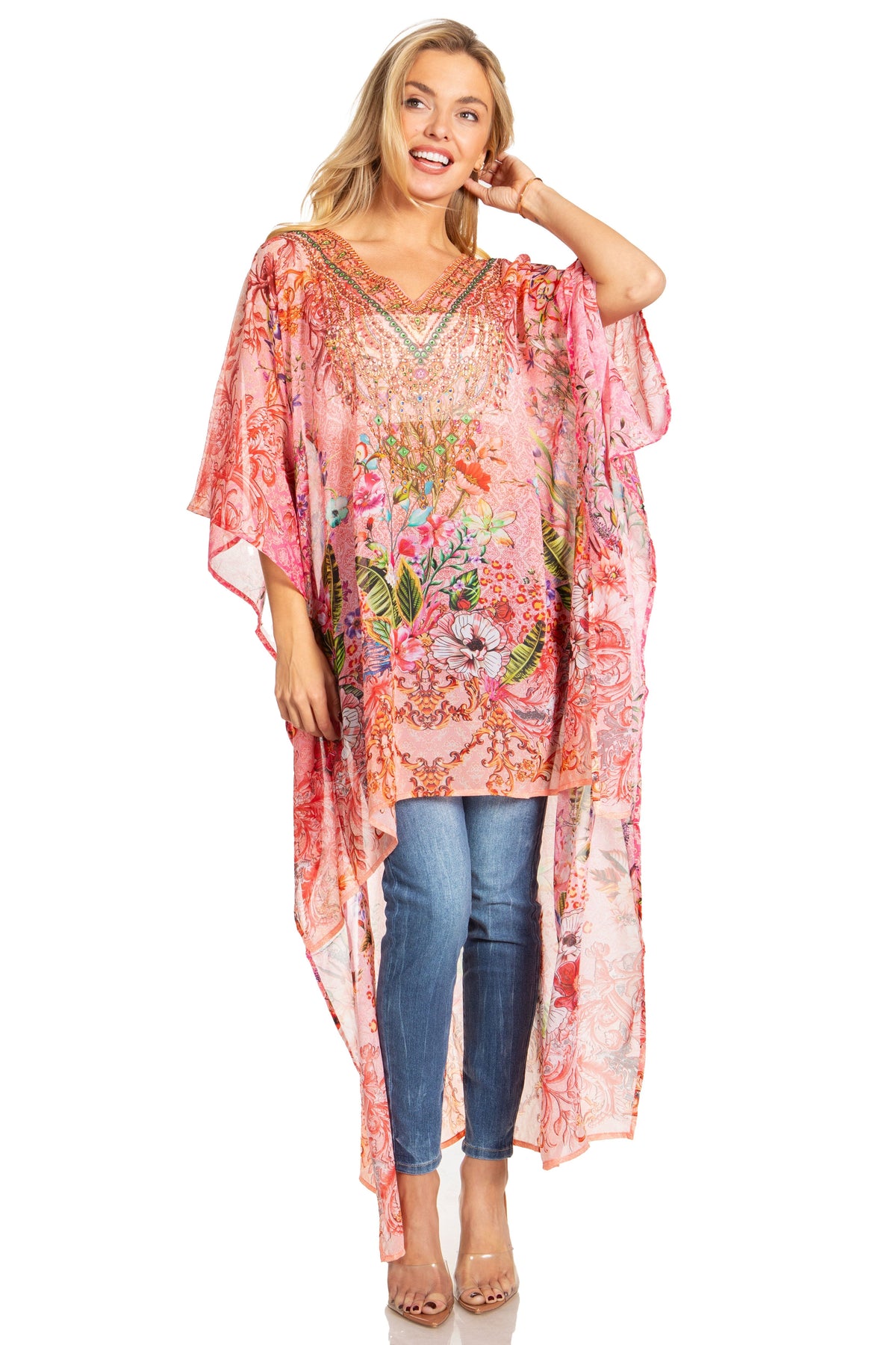 Sakkas Zeke Hi Low V-Neck Caftan Dress Printed Top Cover / Up