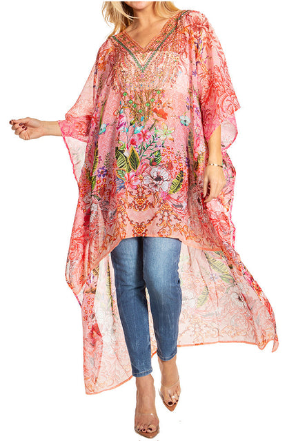 Sakkas Zeke Hi Low V-Neck Caftan Dress Printed Top Cover / Up