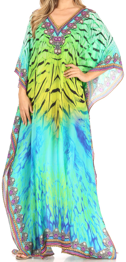 Sakkas Anahi Flowy Design V Neck Long Caftan Dress / Cover Up With Rhinestone