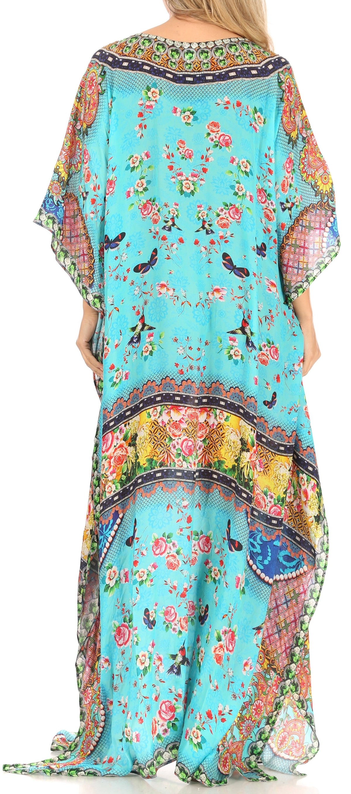 Sakkas Anahi Flowy Design V Neck Long Caftan Dress / Cover Up With Rhinestone