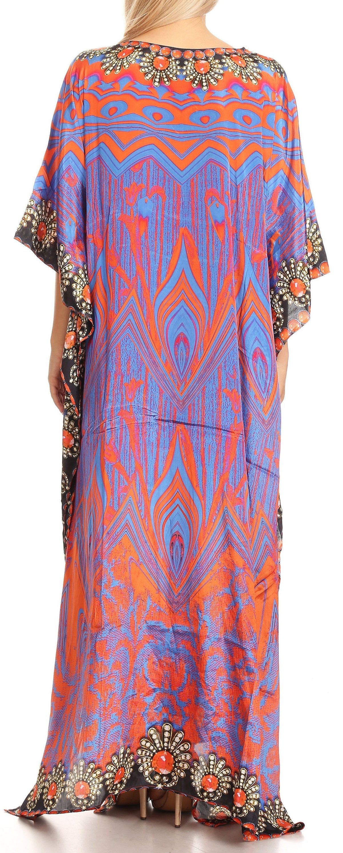 Sakkas Anahi Flowy Design V Neck Long Caftan Dress / Cover Up With Rhinestone