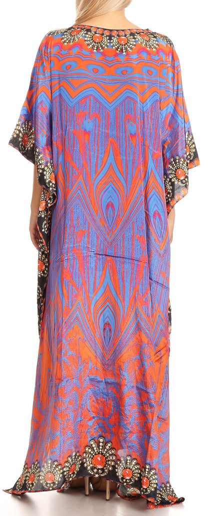 Sakkas Anahi Flowy Design V Neck Long Caftan Dress / Cover Up With Rhinestone