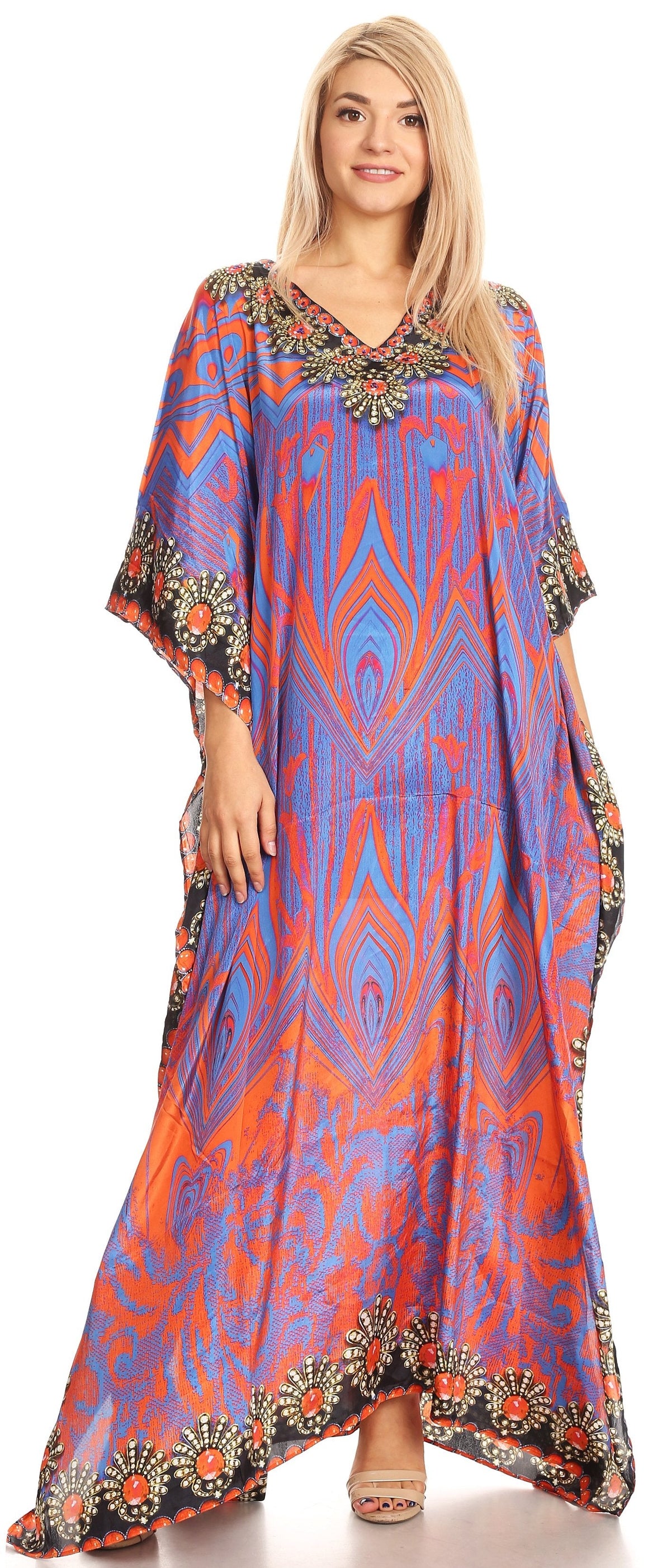 Sakkas Anahi Flowy Design V Neck Long Caftan Dress / Cover Up With Rhinestone