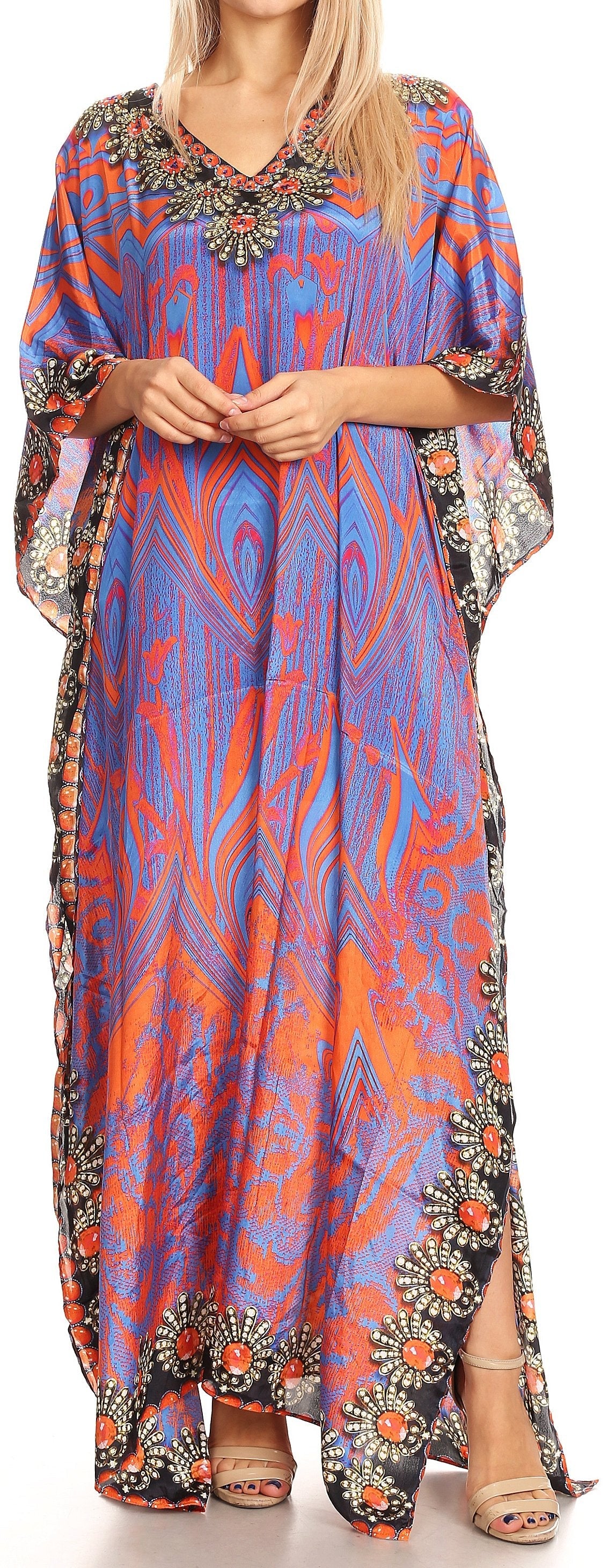 Sakkas Anahi Flowy Design V Neck Long Caftan Dress / Cover Up With Rhinestone