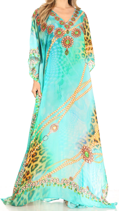 Sakkas Anahi Flowy Design V Neck Long Caftan Dress / Cover Up With Rhinestone