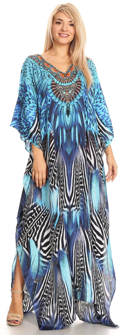 Sakkas Anahi Flowy Design V Neck Long Caftan Dress / Cover Up With Rhinestone