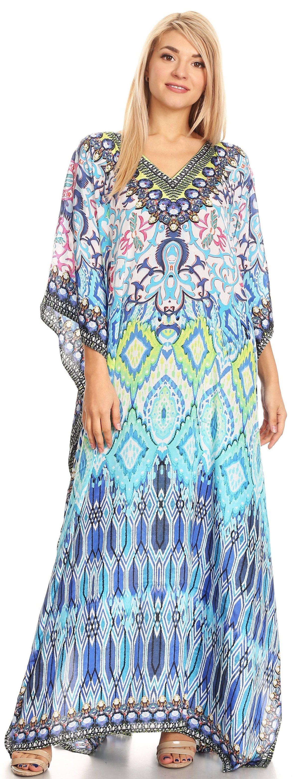 Sakkas Anahi Flowy Design V Neck Long Caftan Dress / Cover Up With Rhinestone