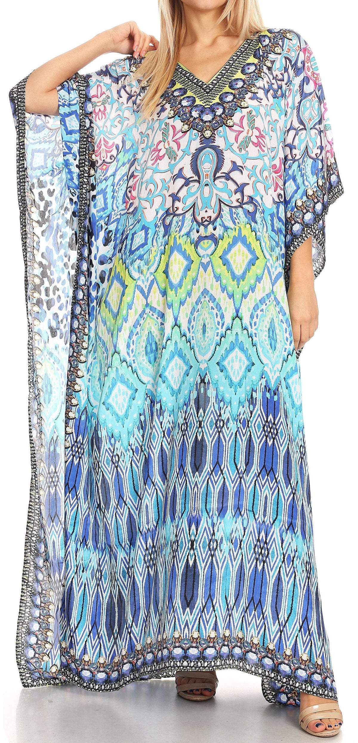 Sakkas Anahi Flowy Design V Neck Long Caftan Dress / Cover Up With Rhinestone
