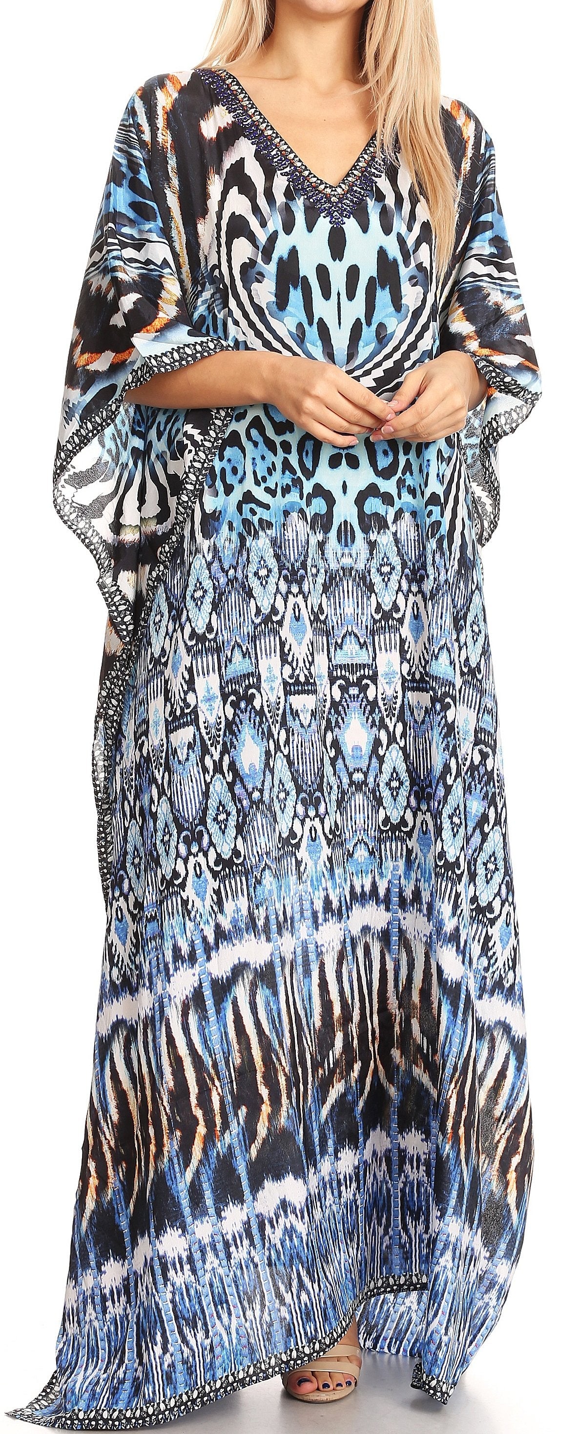 Sakkas Anahi Flowy Design V Neck Long Caftan Dress / Cover Up With Rhinestone