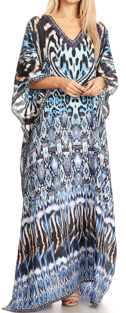Sakkas Anahi Flowy Design V Neck Long Caftan Dress / Cover Up With Rhinestone