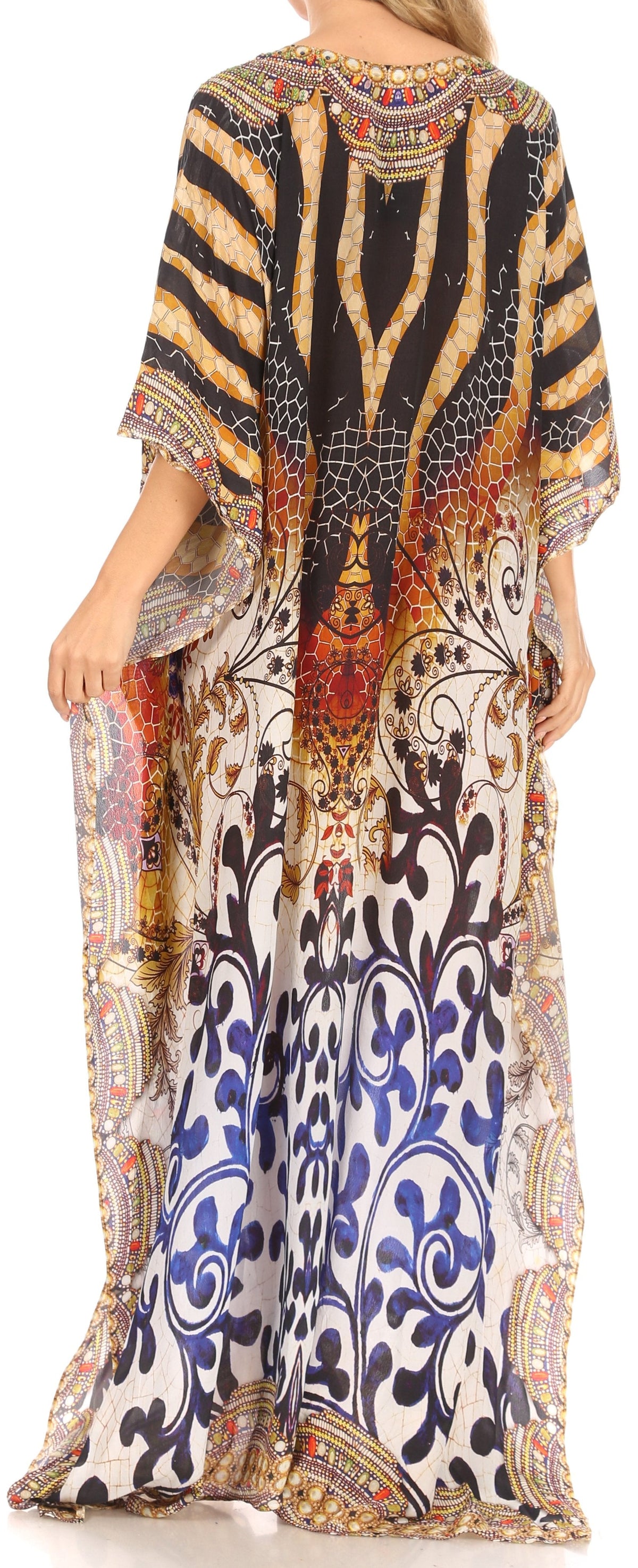 Sakkas Anahi Flowy Design V Neck Long Caftan Dress / Cover Up With Rhinestone
