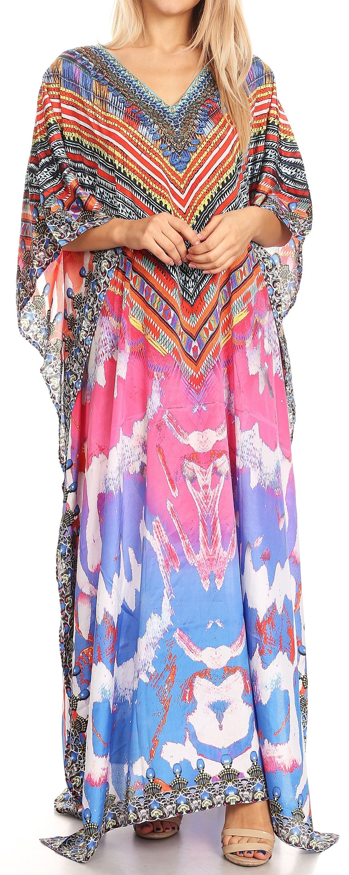 Sakkas Anahi Flowy Design V Neck Long Caftan Dress / Cover Up With Rhinestone