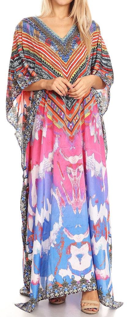 Sakkas Anahi Flowy Design V Neck Long Caftan Dress / Cover Up With Rhinestone