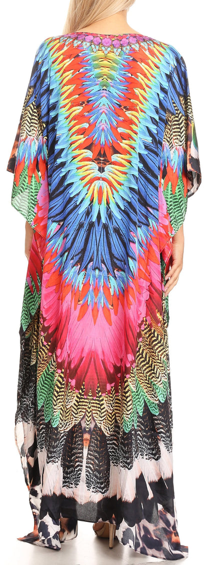 Sakkas Anahi Flowy Design V Neck Long Caftan Dress / Cover Up With Rhinestone