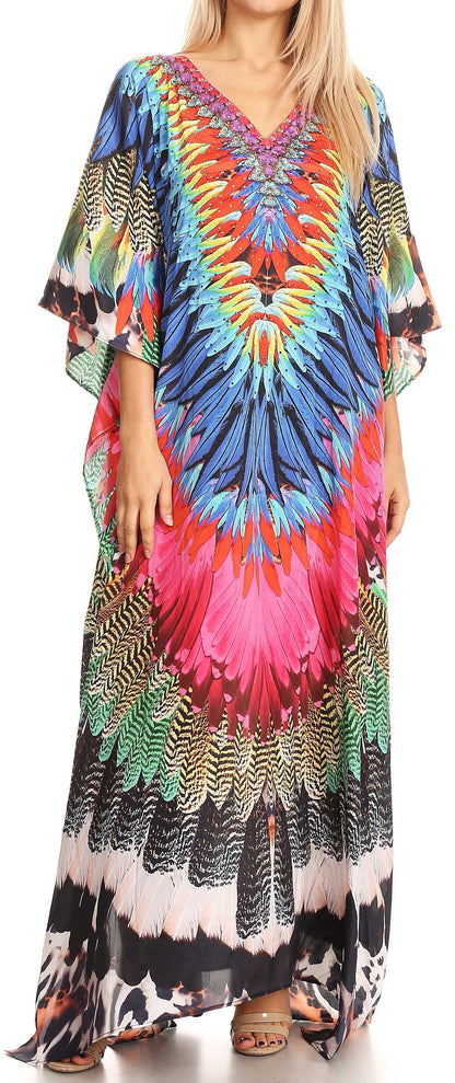 Sakkas Anahi Flowy Design V Neck Long Caftan Dress / Cover Up With Rhinestone