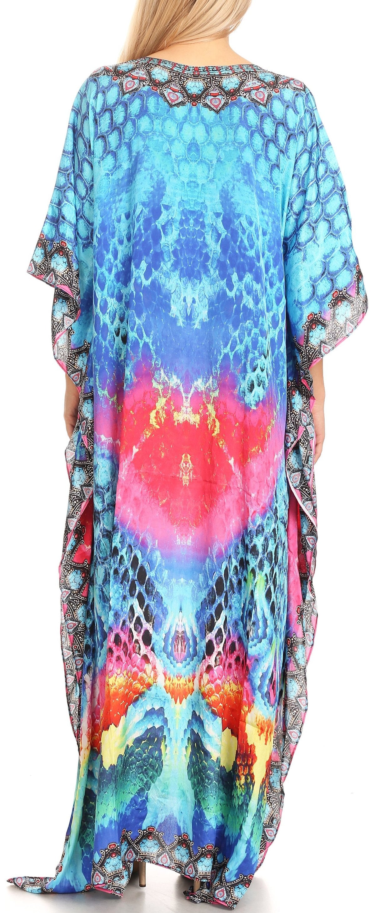 Sakkas Anahi Flowy Design V Neck Long Caftan Dress / Cover Up With Rhinestone