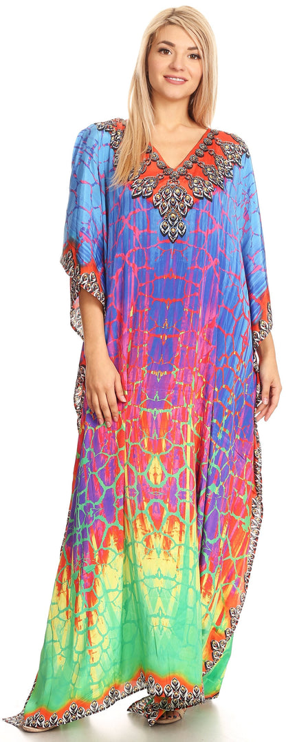 Sakkas Anahi Flowy Design V Neck Long Caftan Dress / Cover Up With Rhinestone