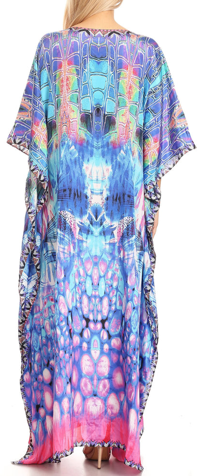 Sakkas Anahi Flowy Design V Neck Long Caftan Dress / Cover Up With Rhinestone