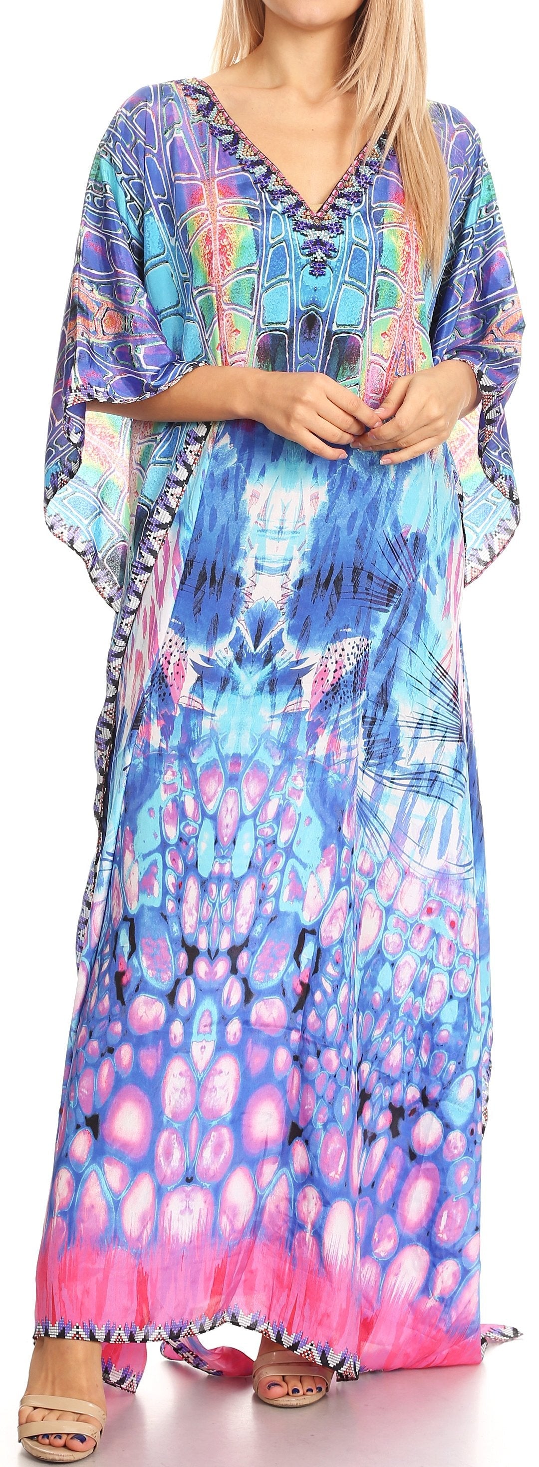 Sakkas Anahi Flowy Design V Neck Long Caftan Dress / Cover Up With Rhinestone