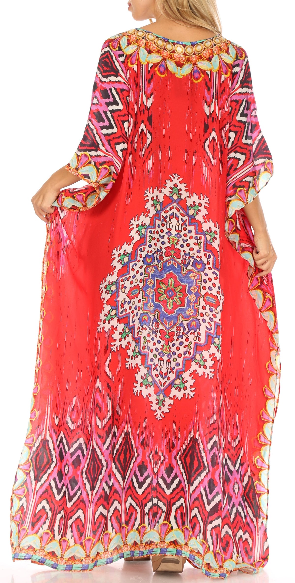 Sakkas Anahi Flowy Design V Neck Long Caftan Dress / Cover Up With Rhinestone