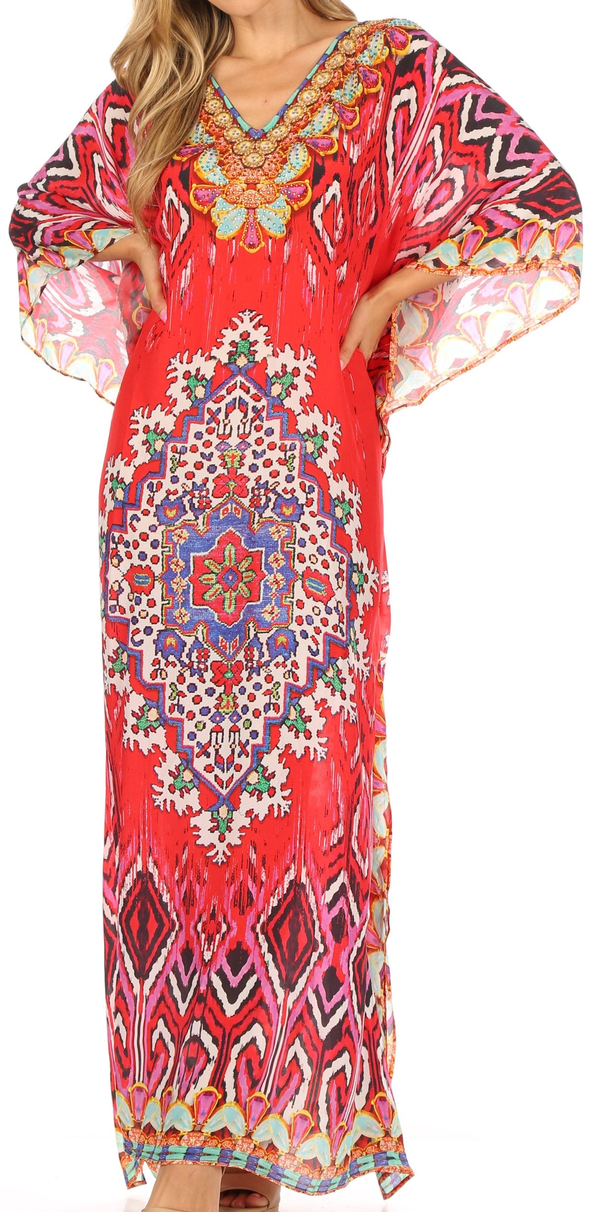 Sakkas Anahi Flowy Design V Neck Long Caftan Dress / Cover Up With Rhinestone