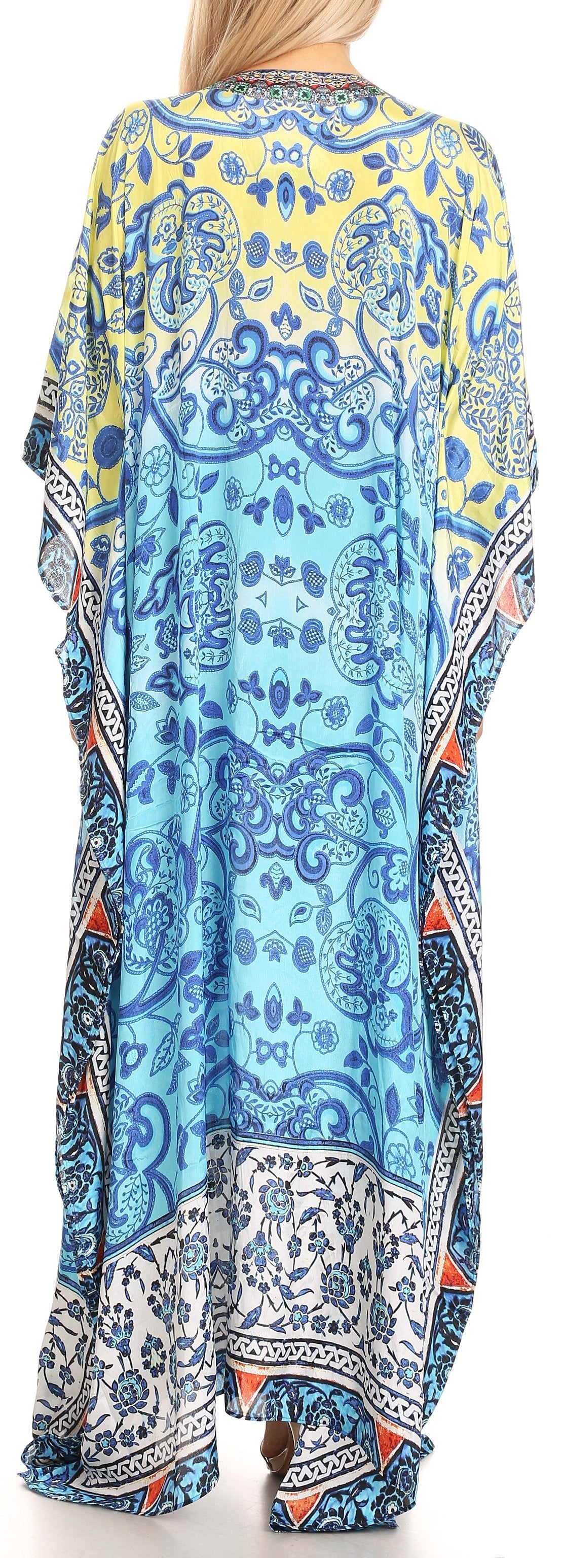 Sakkas Anahi Flowy Design V Neck Long Caftan Dress / Cover Up With Rhinestone