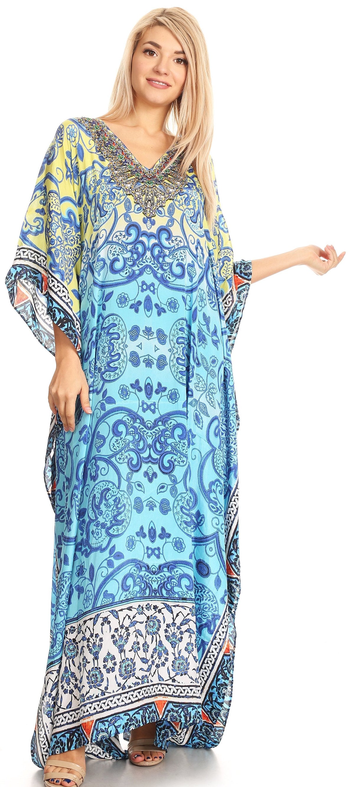 Sakkas Anahi Flowy Design V Neck Long Caftan Dress / Cover Up With Rhinestone