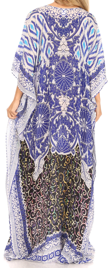 Sakkas Anahi Flowy Design V Neck Long Caftan Dress / Cover Up With Rhinestone