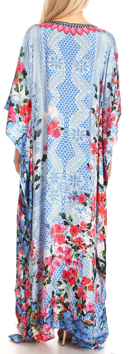 Sakkas Anahi Flowy Design V Neck Long Caftan Dress / Cover Up With Rhinestone