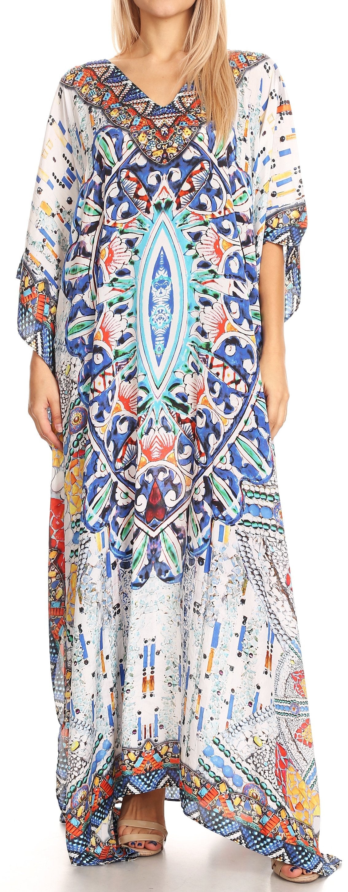 Sakkas Anahi Flowy Design V Neck Long Caftan Dress / Cover Up With Rhinestone