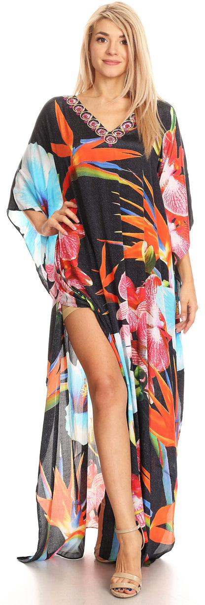 Sakkas Anahi Flowy Design V Neck Long Caftan Dress / Cover Up With Rhinestone
