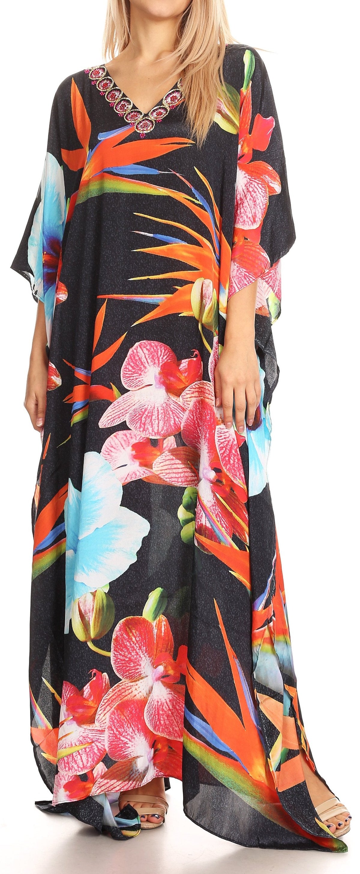Sakkas Anahi Flowy Design V Neck Long Caftan Dress / Cover Up With Rhinestone