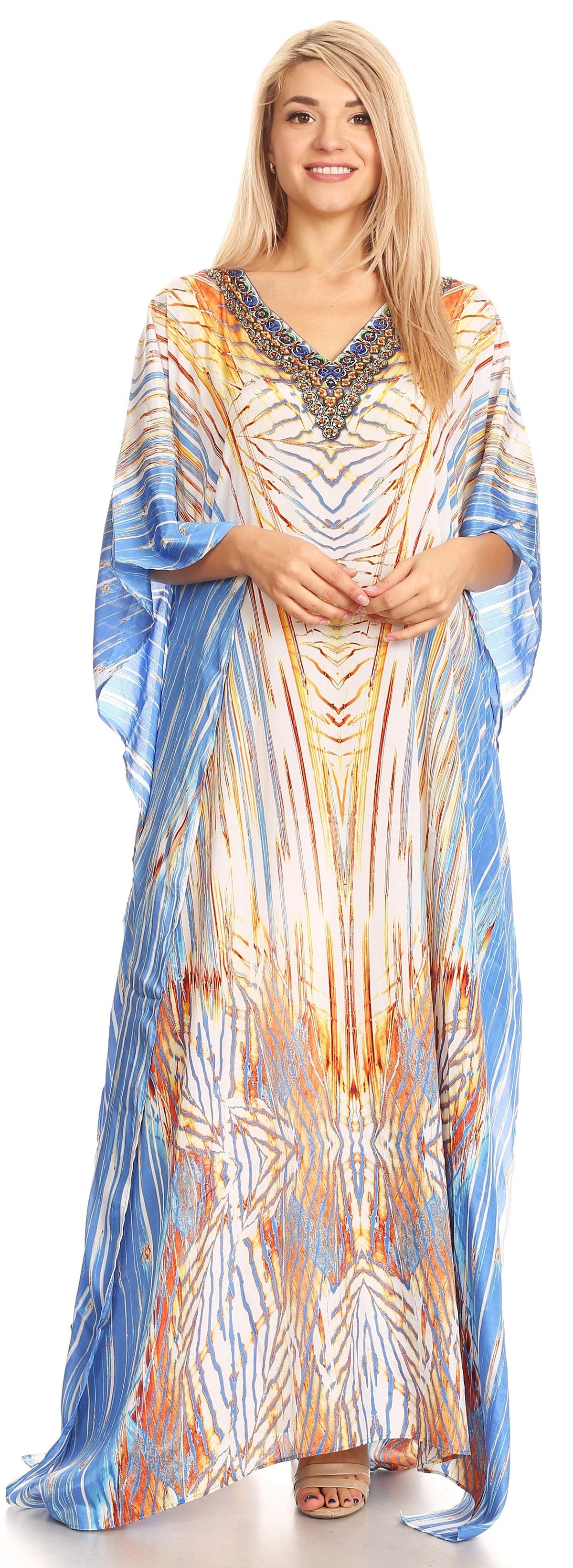 Sakkas Anahi Flowy Design V Neck Long Caftan Dress / Cover Up With Rhinestone
