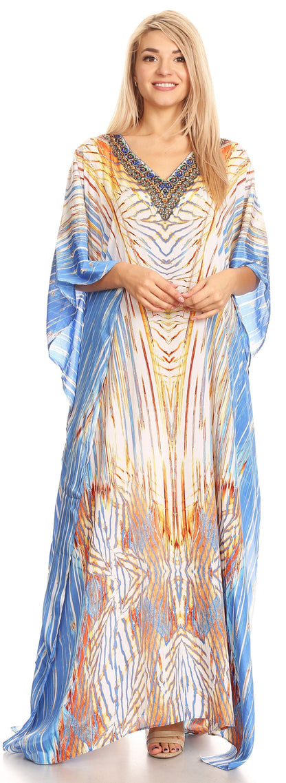 Sakkas Anahi Flowy Design V Neck Long Caftan Dress / Cover Up With Rhinestone