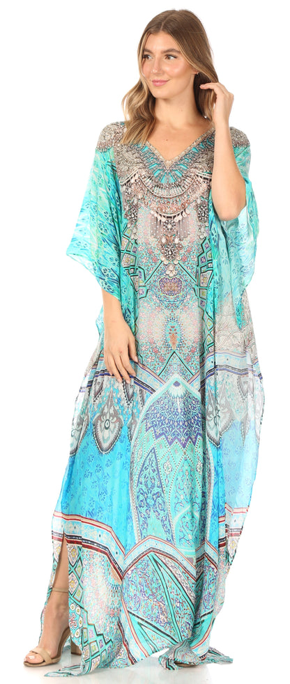 Sakkas Anahi Flowy Design V Neck Long Caftan Dress / Cover Up With Rhinestone