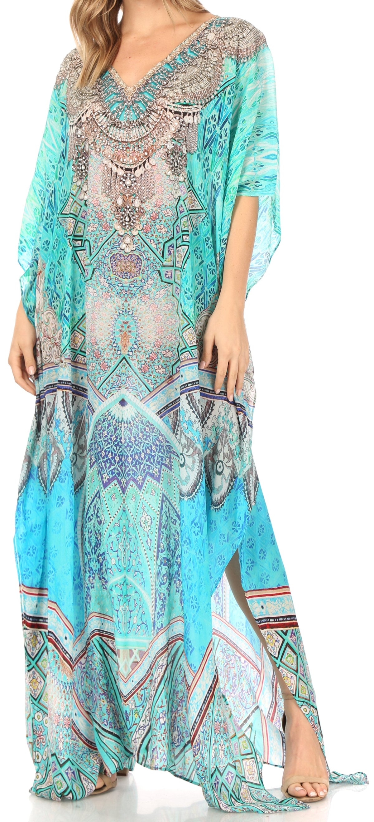 Sakkas Anahi Flowy Design V Neck Long Caftan Dress / Cover Up With Rhinestone