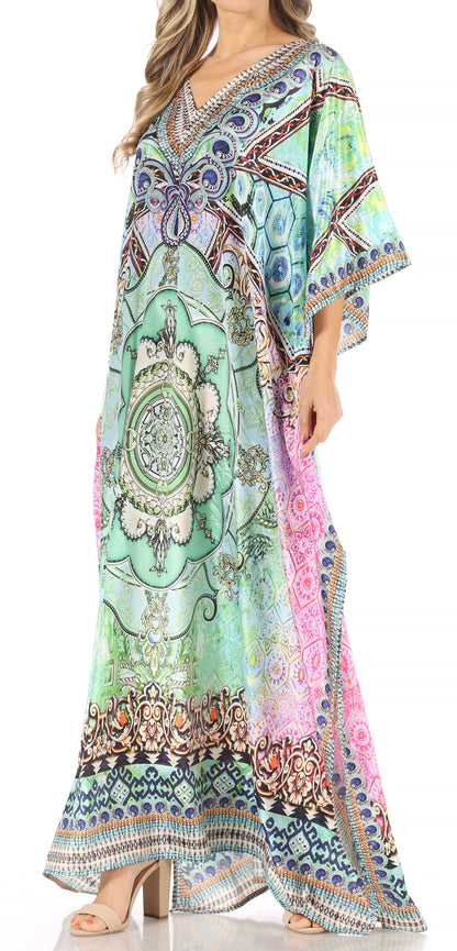 Sakkas Anahi Flowy Design V Neck Long Caftan Dress / Cover Up With Rhinestone