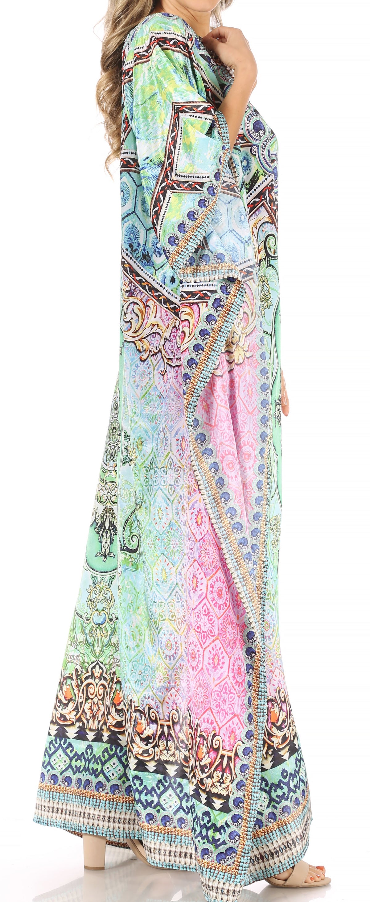 Sakkas Anahi Flowy Design V Neck Long Caftan Dress / Cover Up With Rhinestone