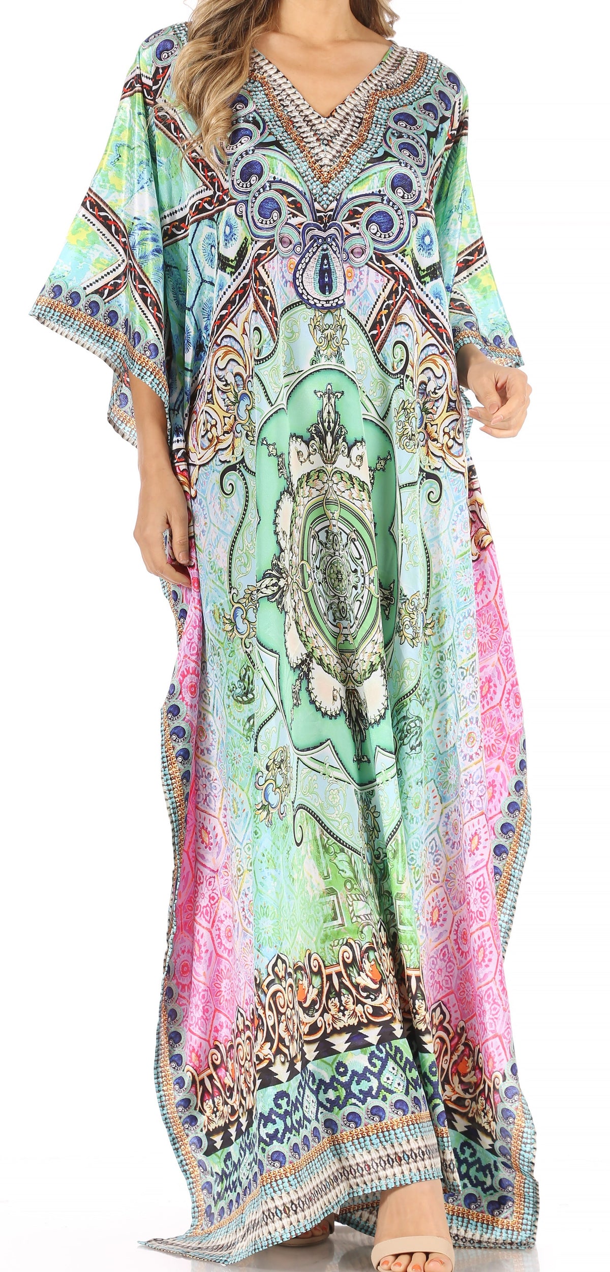 Sakkas Anahi Flowy Design V Neck Long Caftan Dress / Cover Up With Rhinestone