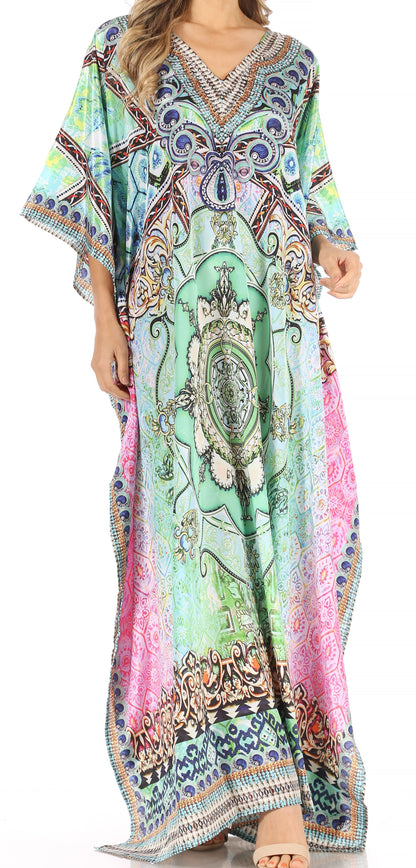 Sakkas Anahi Flowy Design V Neck Long Caftan Dress / Cover Up With Rhinestone