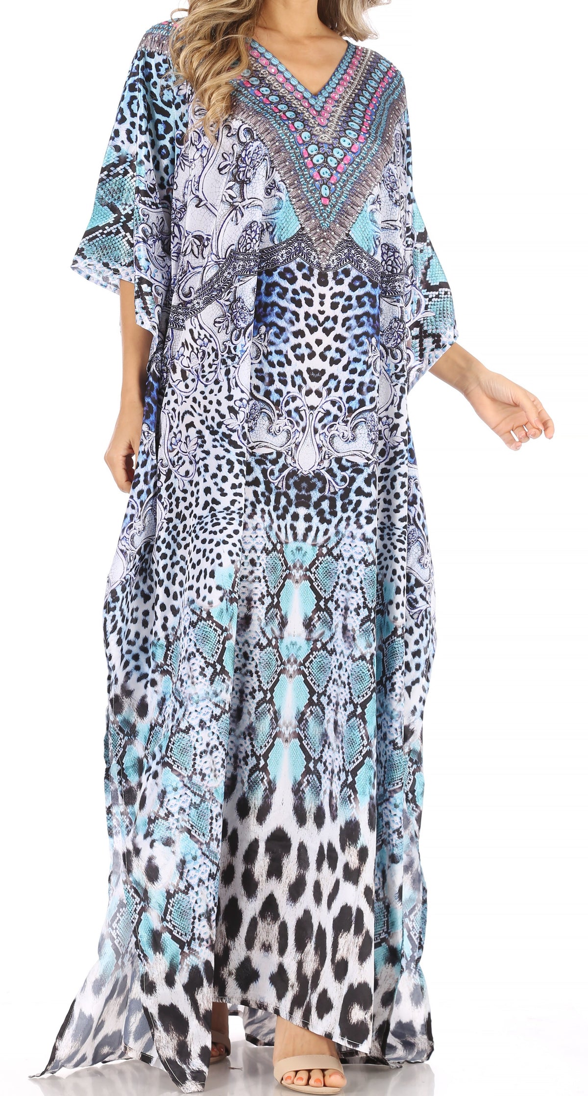 Sakkas Anahi Flowy Design V Neck Long Caftan Dress / Cover Up With Rhinestone