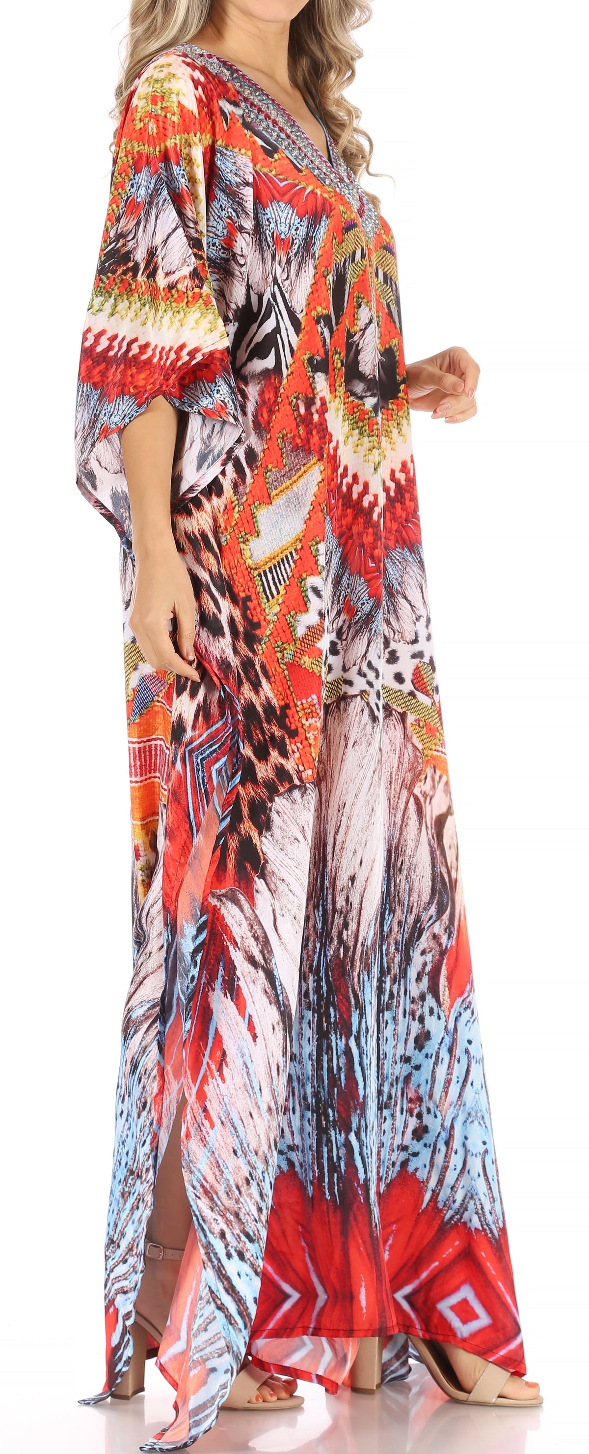 Sakkas Anahi Flowy Design V Neck Long Caftan Dress / Cover Up With Rhinestone