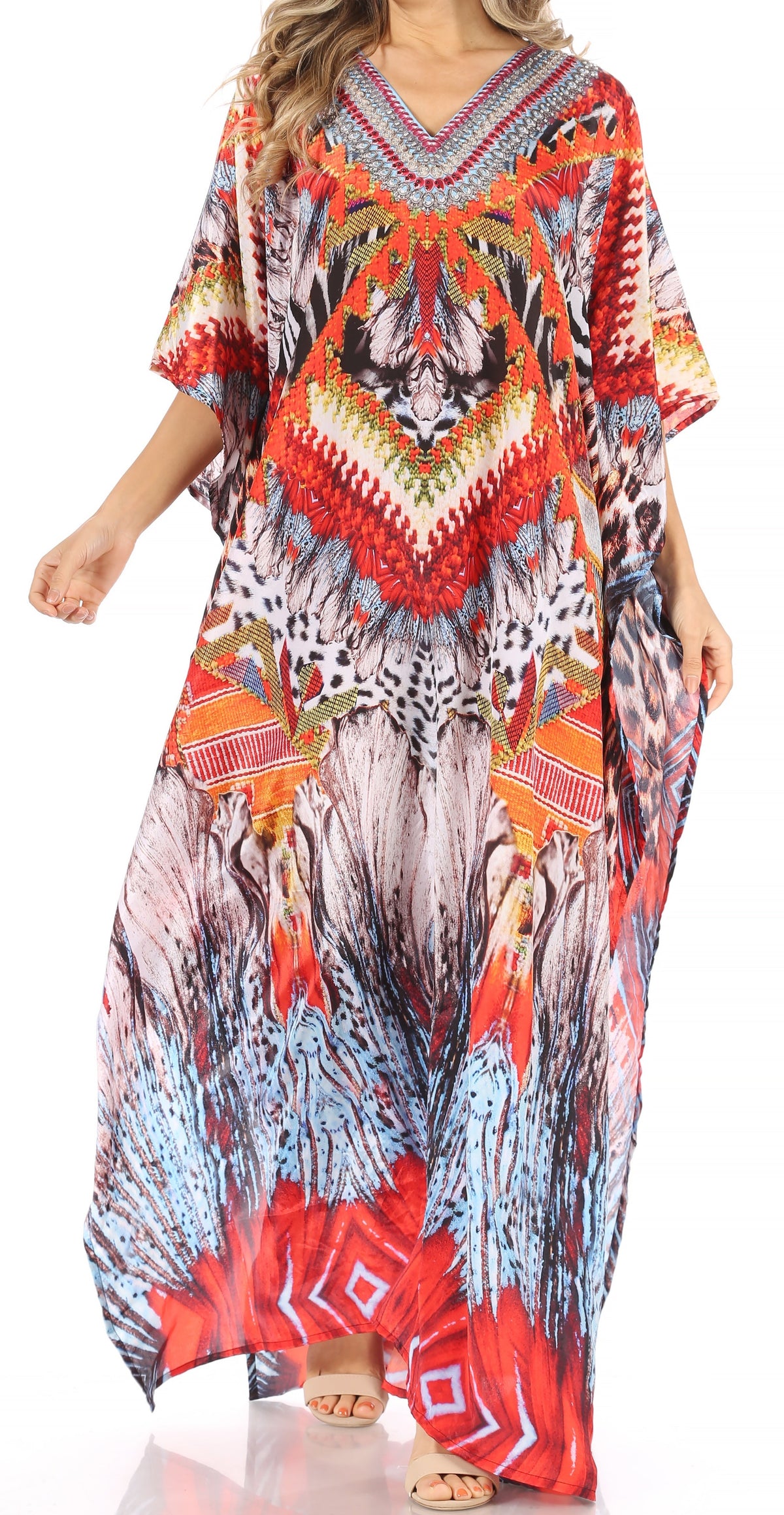 Sakkas Anahi Flowy Design V Neck Long Caftan Dress / Cover Up With Rhinestone