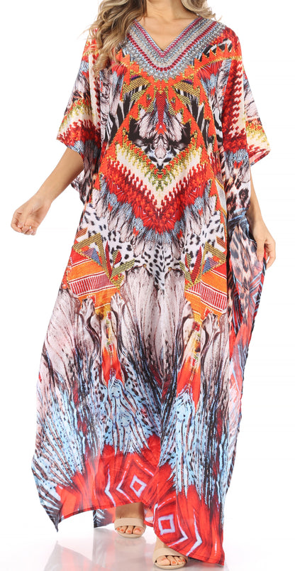 Sakkas Anahi Flowy Design V Neck Long Caftan Dress / Cover Up With Rhinestone