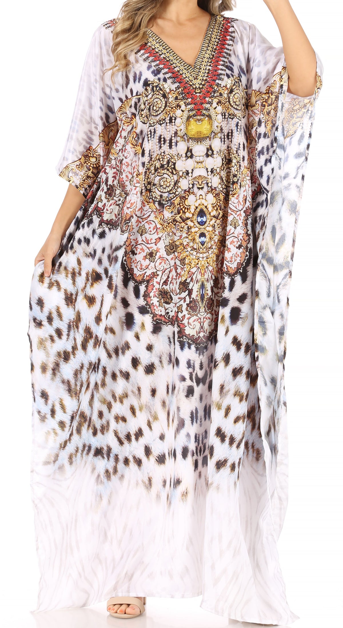 Sakkas Anahi Flowy Design V Neck Long Caftan Dress / Cover Up With Rhinestone