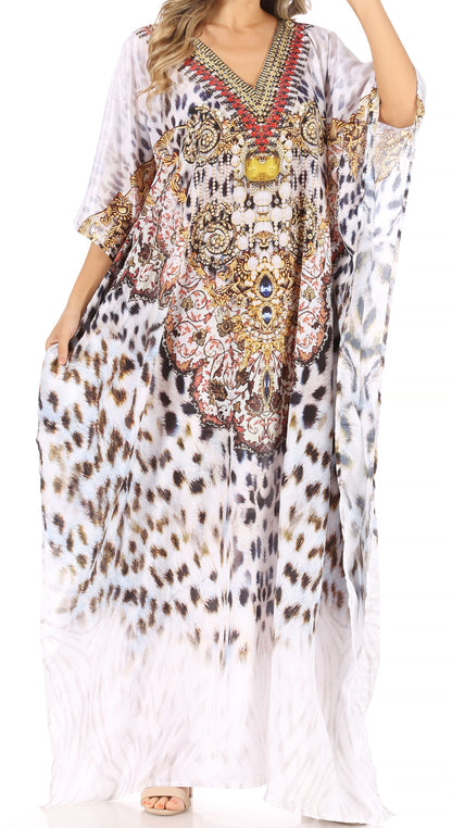 Sakkas Anahi Flowy Design V Neck Long Caftan Dress / Cover Up With Rhinestone