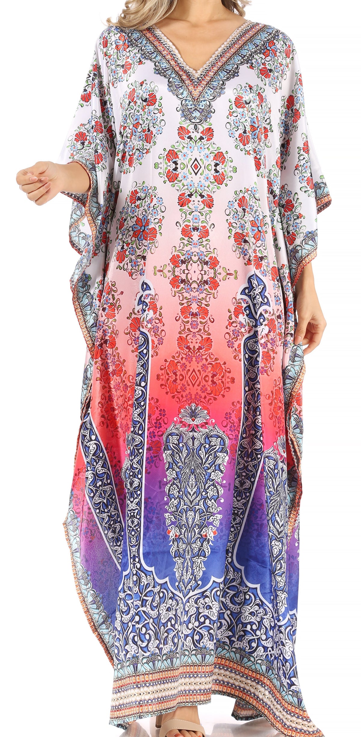 Sakkas Anahi Flowy Design V Neck Long Caftan Dress / Cover Up With Rhinestone