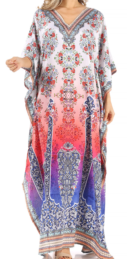Sakkas Anahi Flowy Design V Neck Long Caftan Dress / Cover Up With Rhinestone