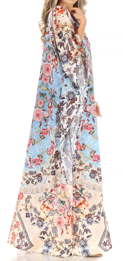 Sakkas Anahi Flowy Design V Neck Long Caftan Dress / Cover Up With Rhinestone