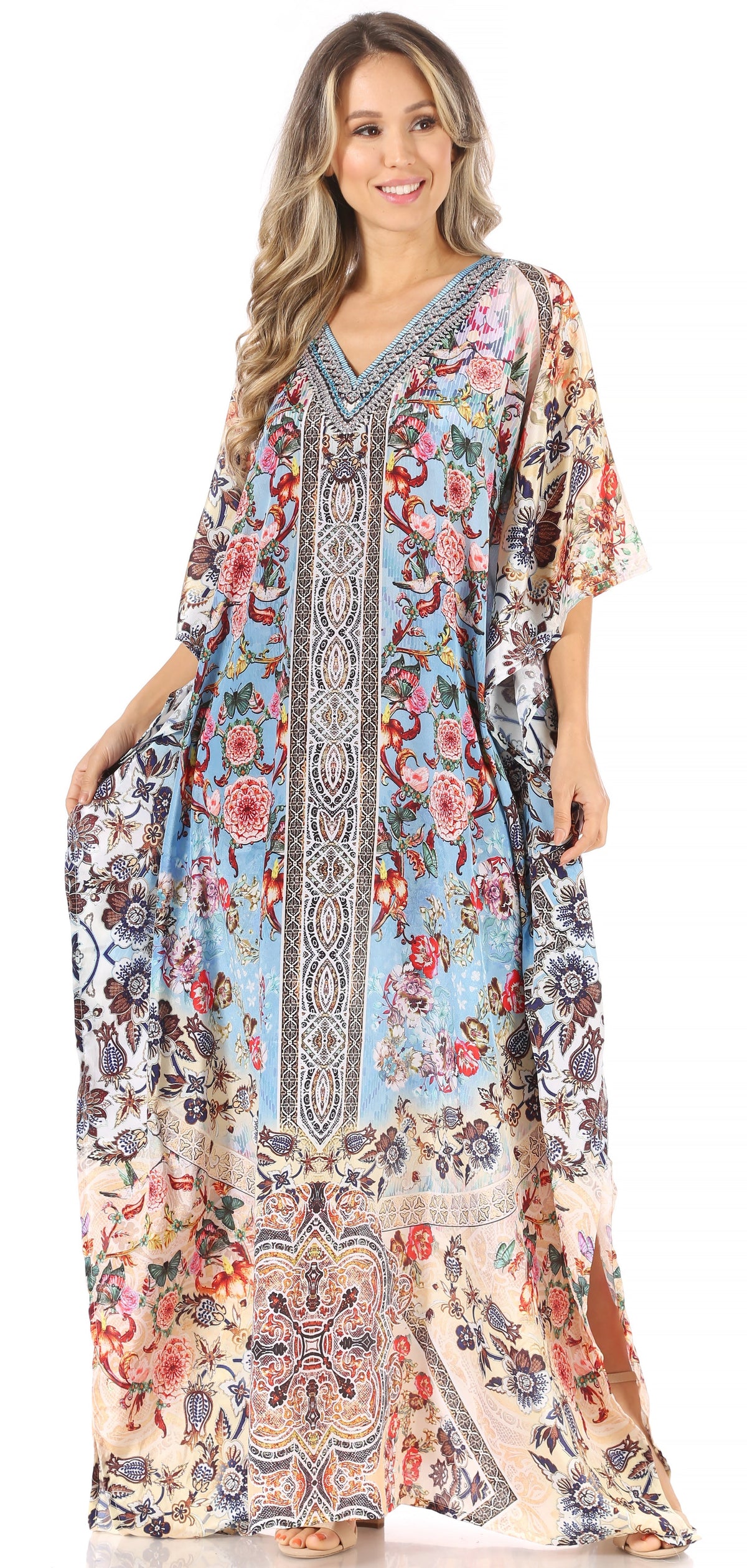 Sakkas Anahi Flowy Design V Neck Long Caftan Dress / Cover Up With Rhinestone